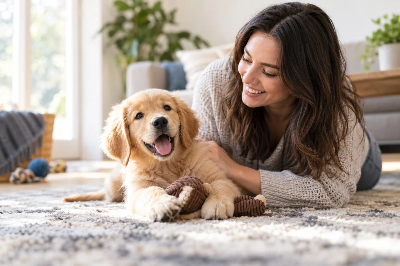 Owner playing with a golden-colored dog and a rope toy at home